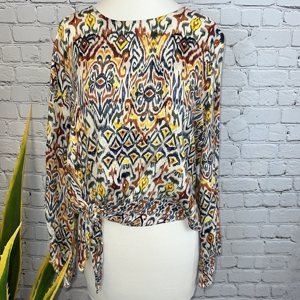 IKAT Print Bohemian Side-Tie Top Black White Yellow Rust Size S